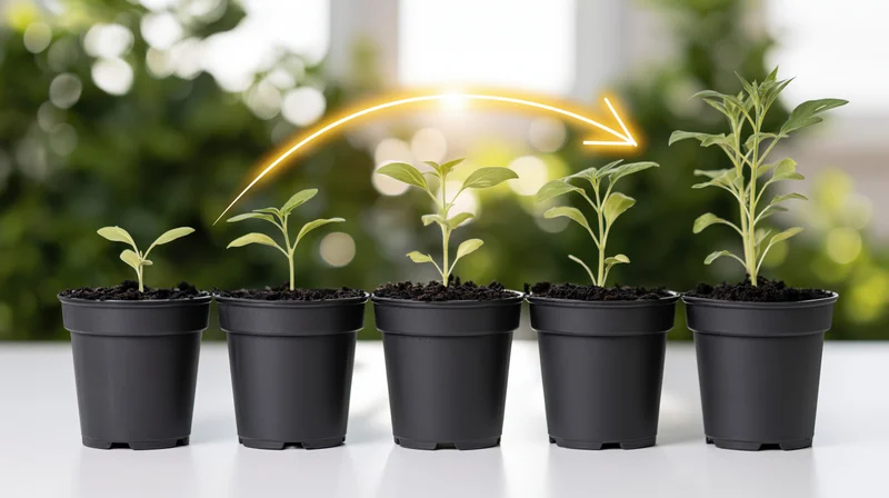 Five seedlings in black plastic pots arranged in a row showing growth stages on a white surface