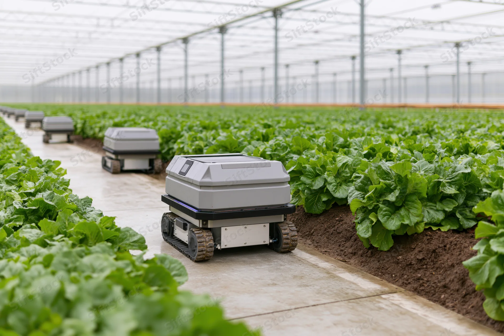 Autonomous robots moving along concrete pathways between rows of lettuce in a greenhouse