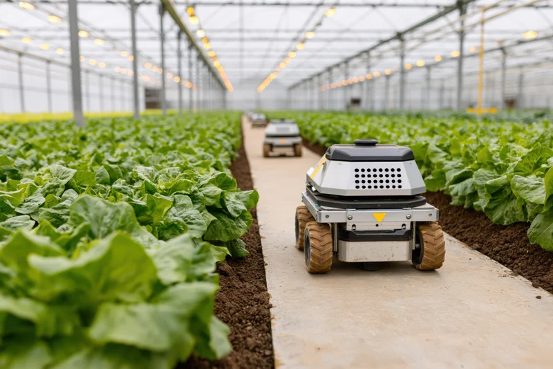 Autonomous robots moving along concrete pathways between rows of lettuce in a greenhouse