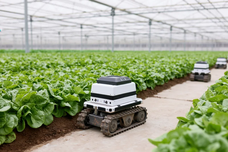 Autonomous robots moving along concrete paths between rows of lettuce in a greenhouse