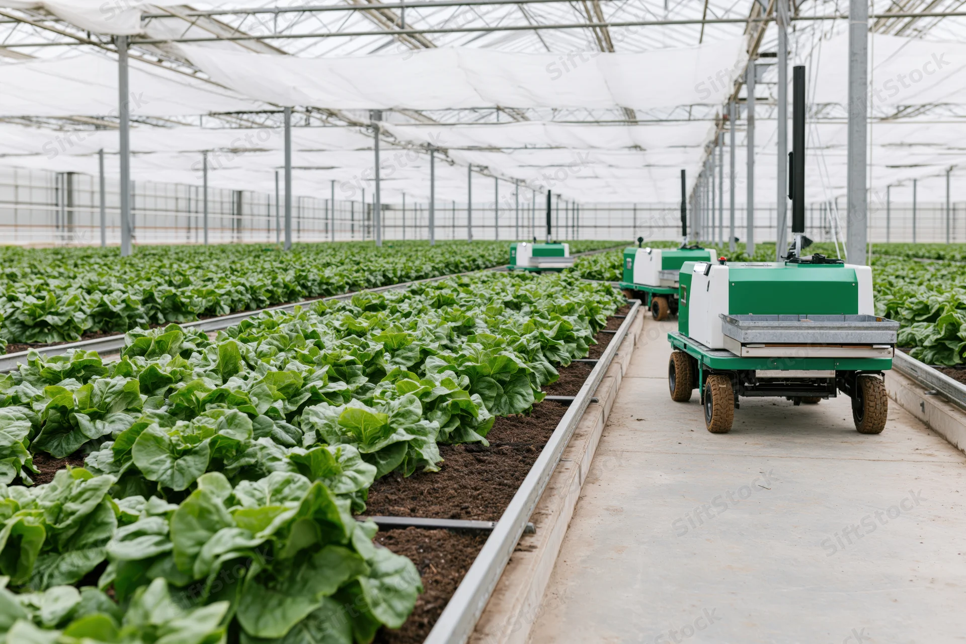 Autonomous robots moving along concrete paths between rows of lettuce in a greenhouse