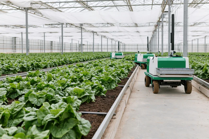Autonomous robots moving along concrete paths between rows of lettuce in a greenhouse