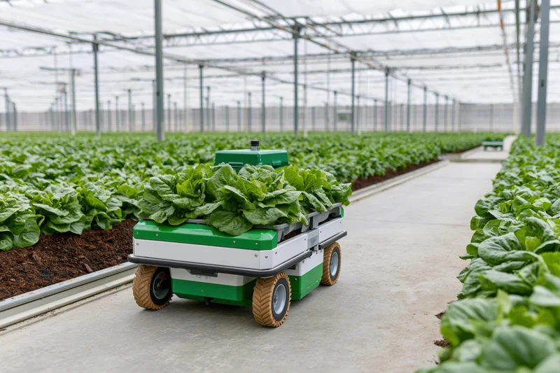 Autonomous robot carrying harvested lettuce moves along concrete path in greenhouse farm