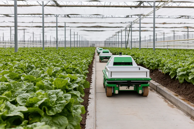 Autonomous robots moving along concrete pathways between rows of lettuce in a greenhouse farm
