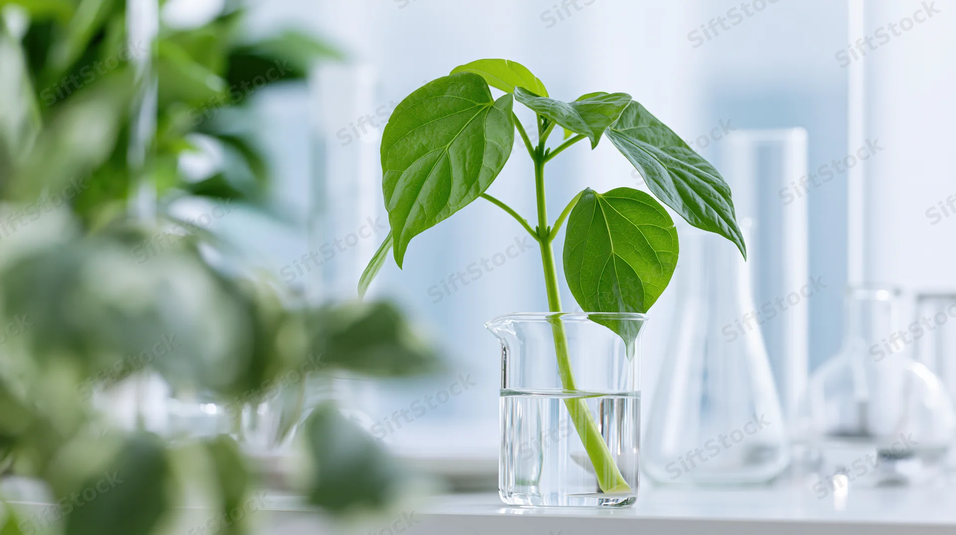 Small green plant cutting with broad leaves standing upright in a glass beaker filled with water on a lab bench surrounded by scientific glassware