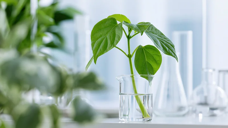 Small green plant cutting with broad leaves standing upright in a glass beaker filled with water on a lab bench surrounded by scientific glassware
