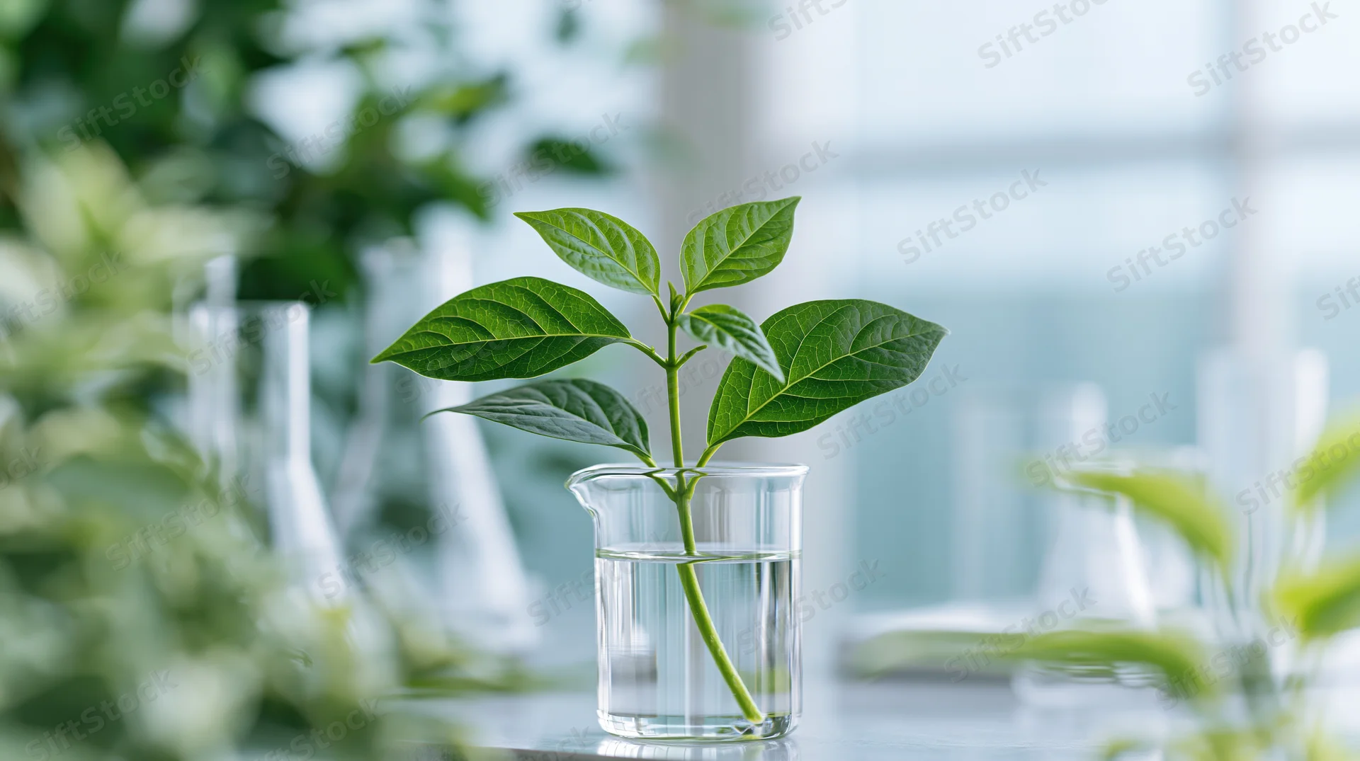 Small green plant cutting with broad leaves in a glass beaker filled with water on a laboratory table