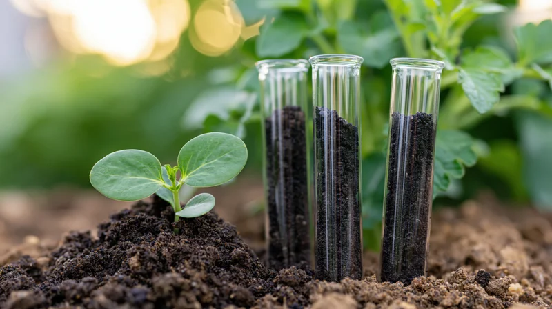 Small green seedling growing from dark soil mound beside three test tubes filled with soil sample in garden setting