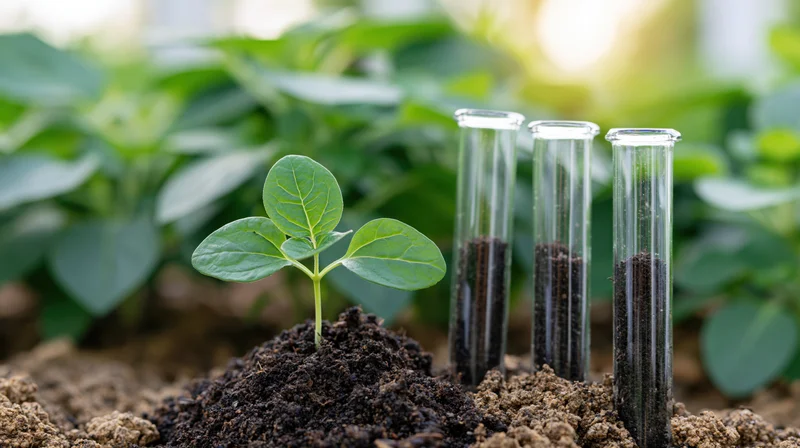 Small green seedling growing from dark soil mound with test tubes containing soil samples in greenhouse setting