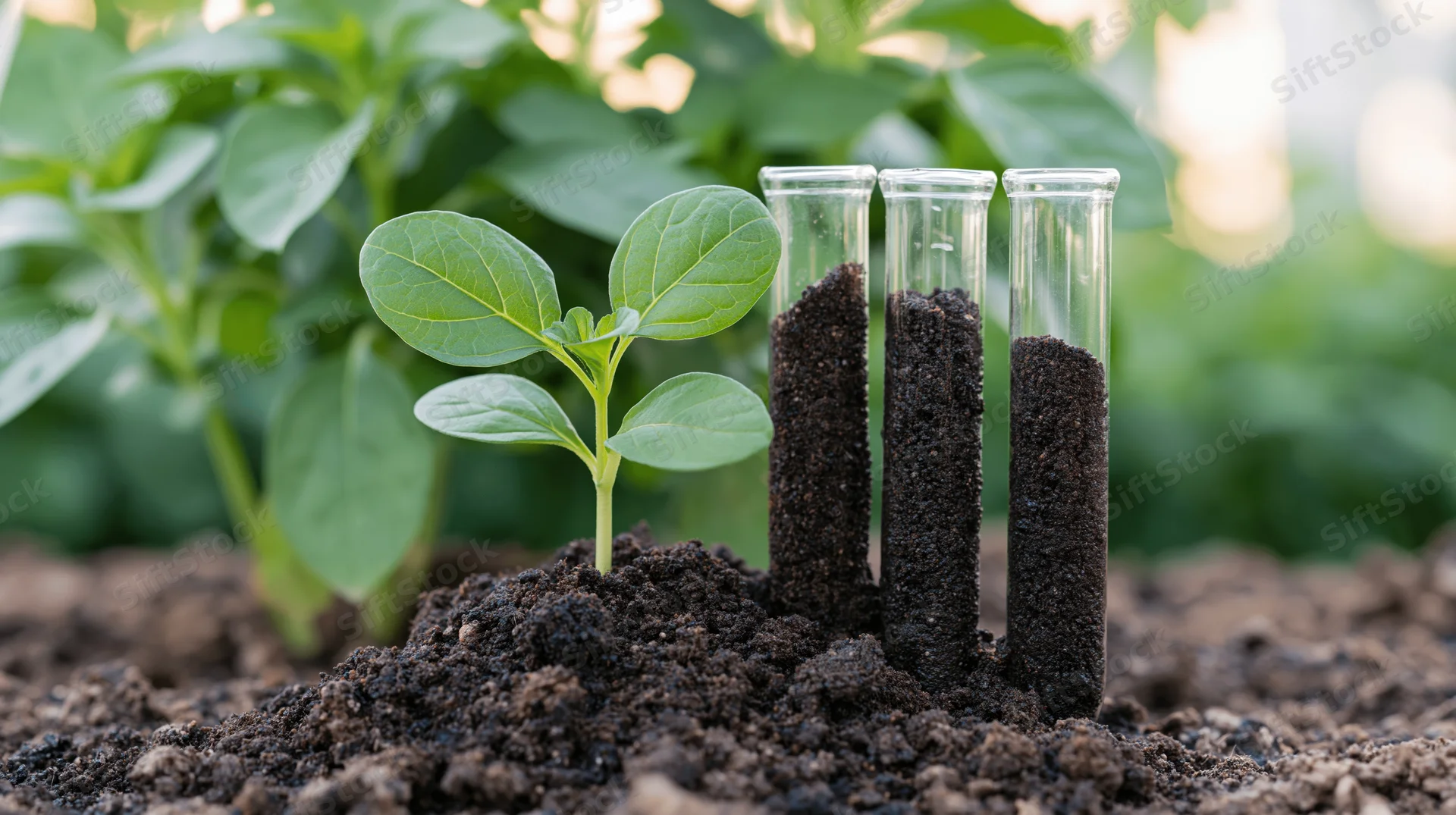 Small green seedling growing from mound of dark soil with three test tubes filled with soil sample beside it in garden setting