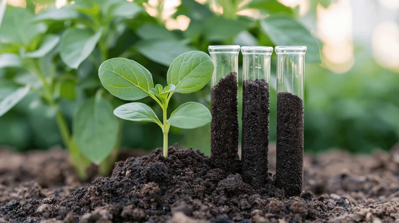 Small green seedling growing from mound of dark soil with three test tubes filled with soil sample beside it in garden setting