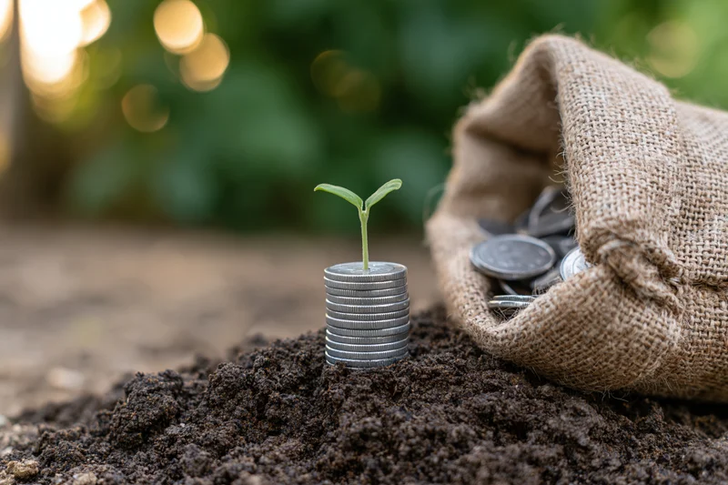 Small green seedling sprouting from a stack of coins in soil beside a burlap sack filled with coins