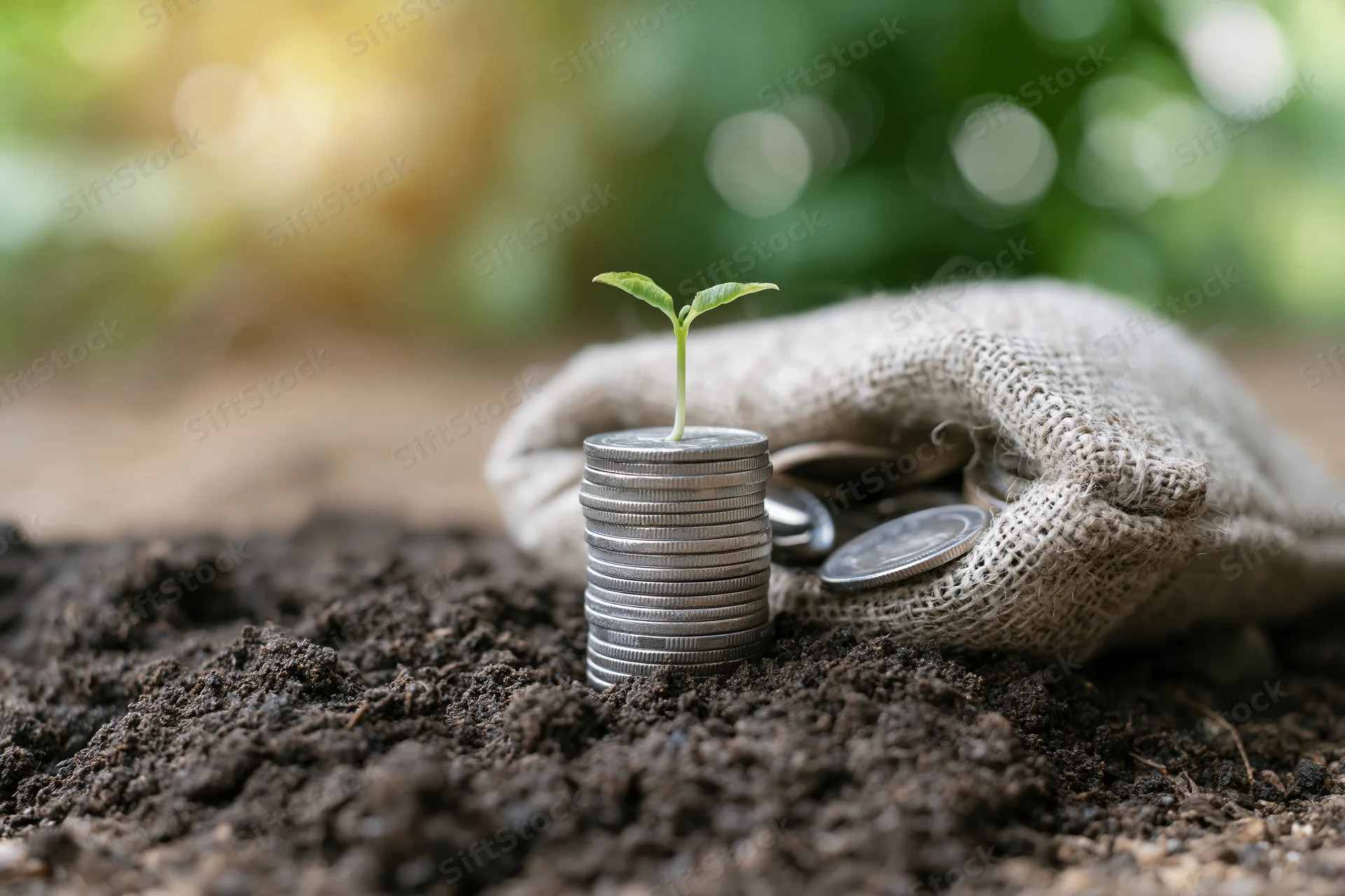 Small green seedling sprouting from a stack of coins in soil beside a burlap bag of coins