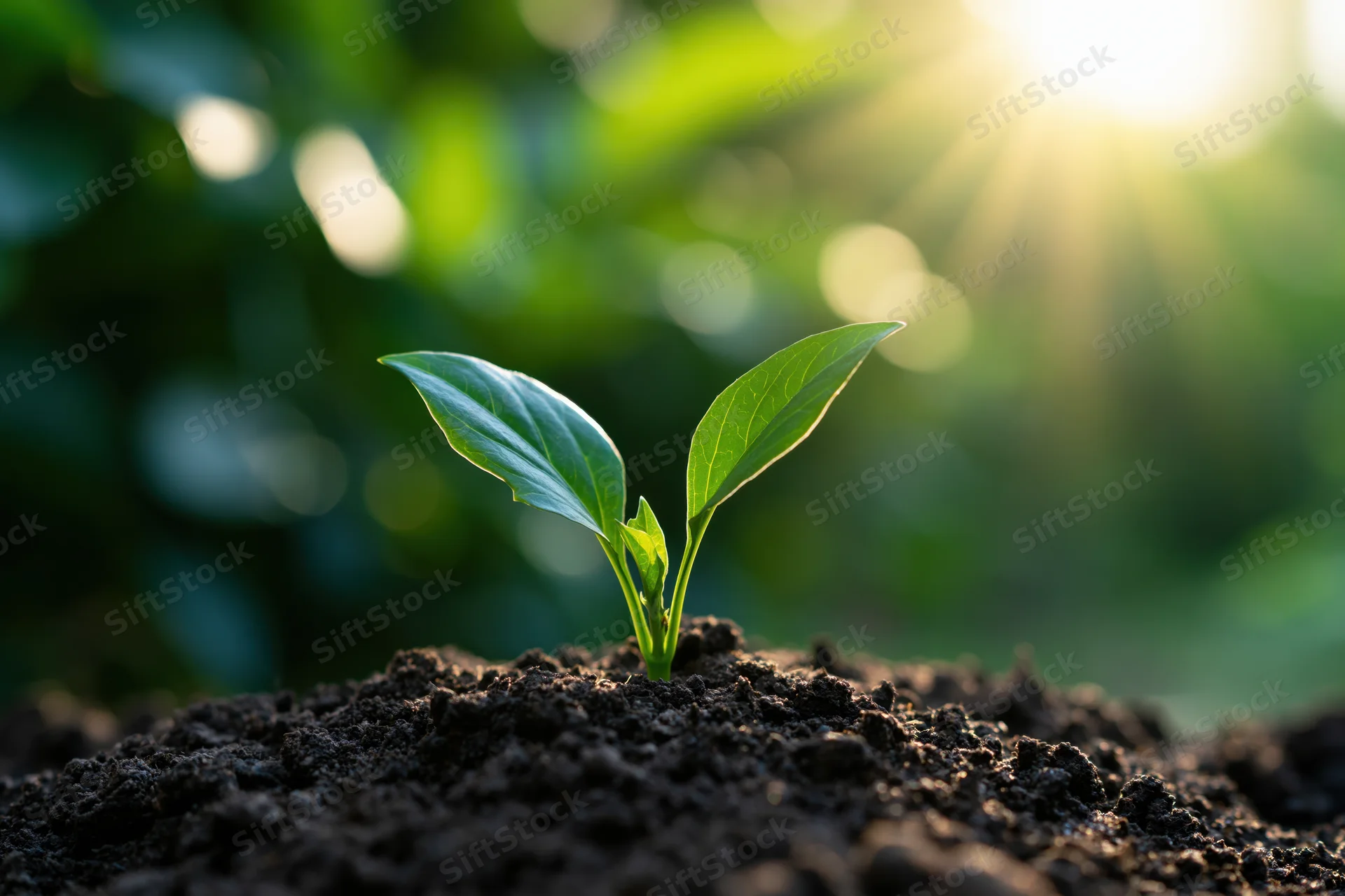 Small green seedling emerging from dark soil with sunlight in background