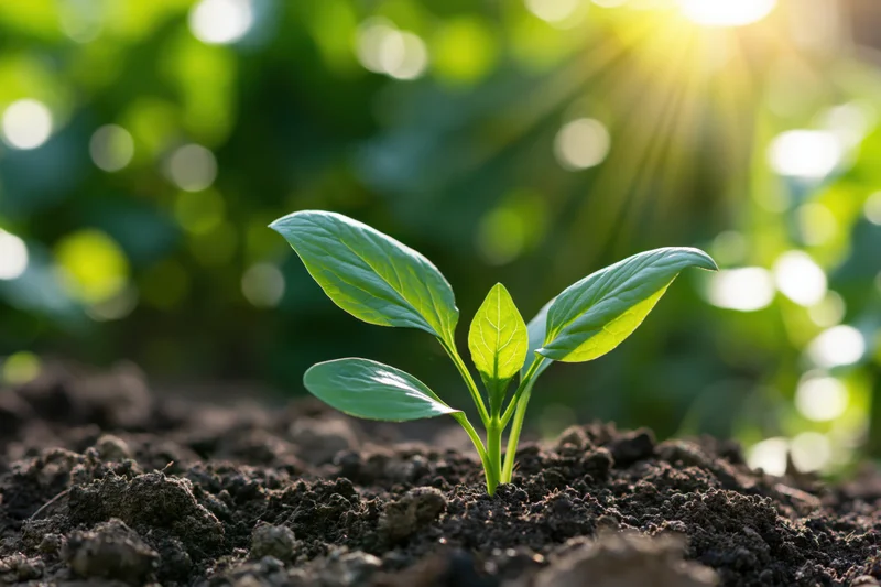 Small green seedling emerging from dark soil with sunlight shining through leaves in a garden setting