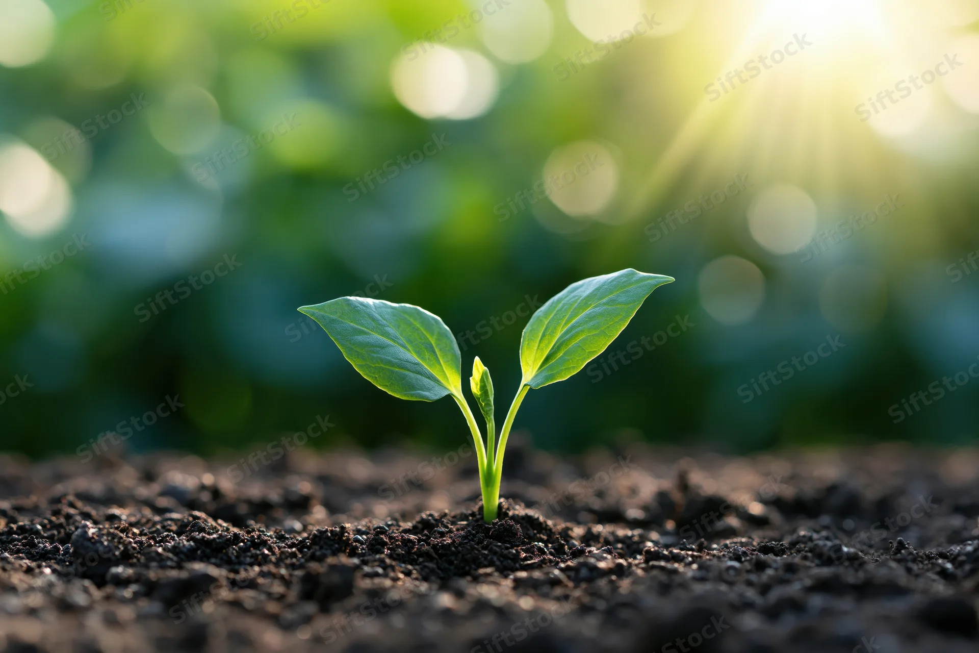 Small green seedling emerging from dark soil with sunlight in background