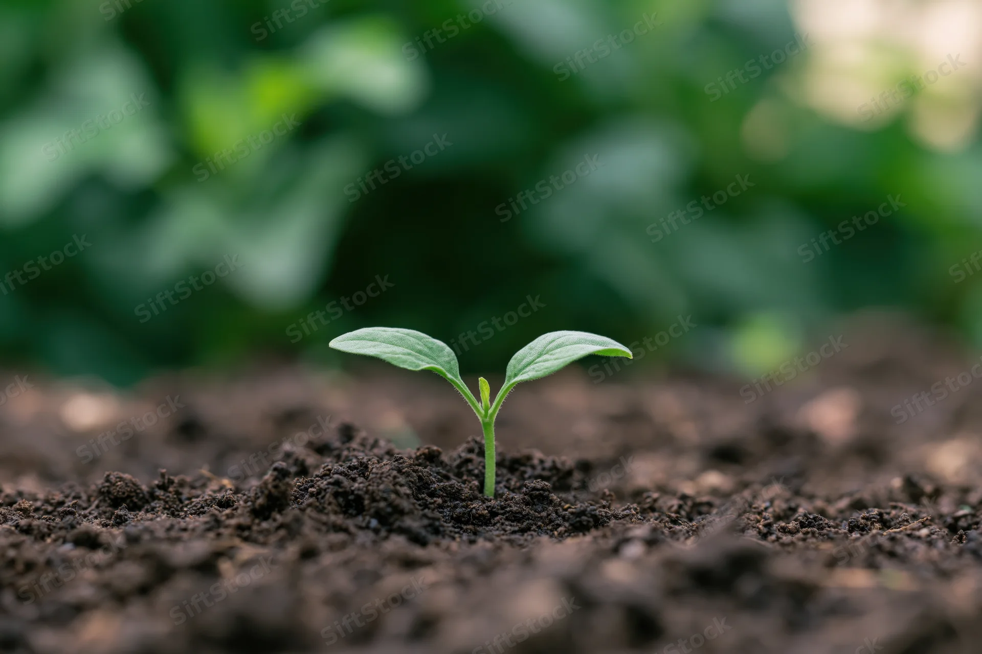 Small green seedling emerging from dark soil in a garden bed