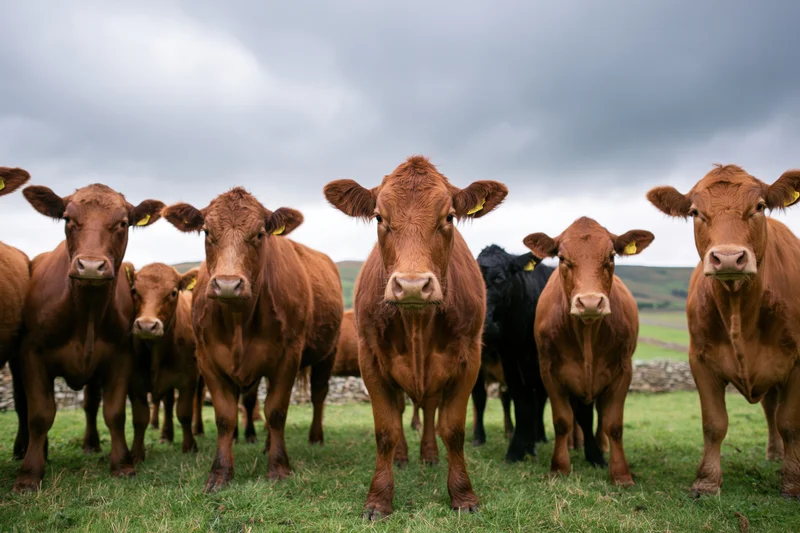 Small herd of brown and one black beef cattle standing together