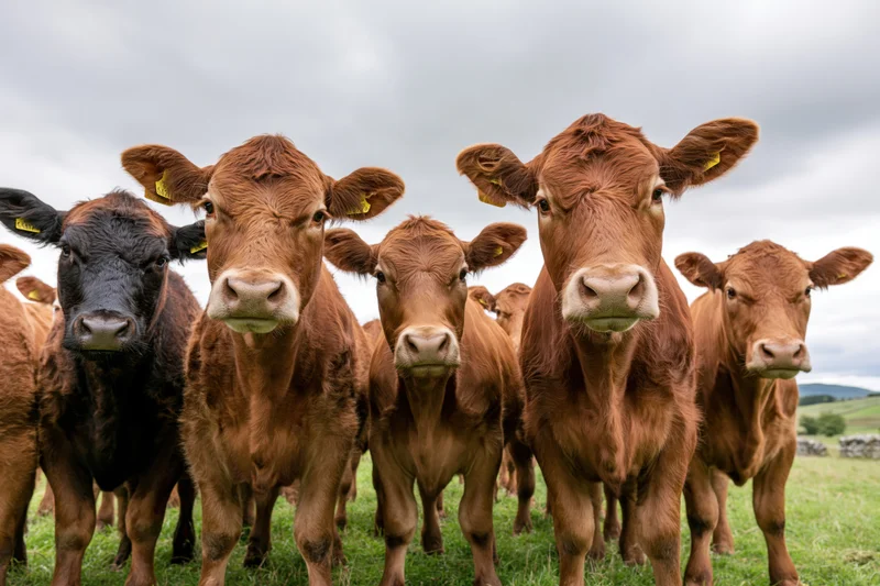 Herd of brown and black beef cattle standing close in a grassy pasture under an overcast sky