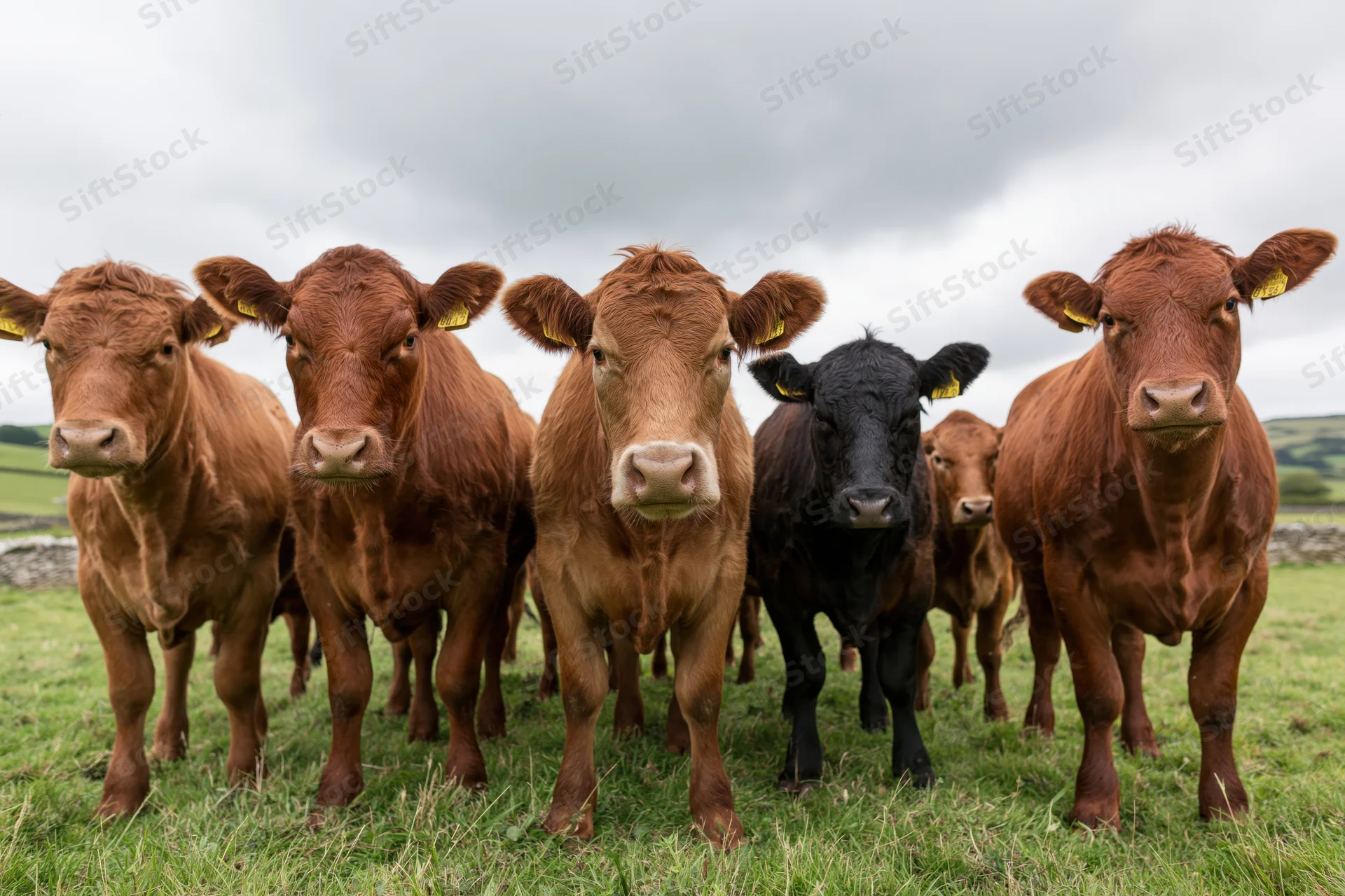 Herd of beef cattle standing close in a grassy pasture under an overcast sky
