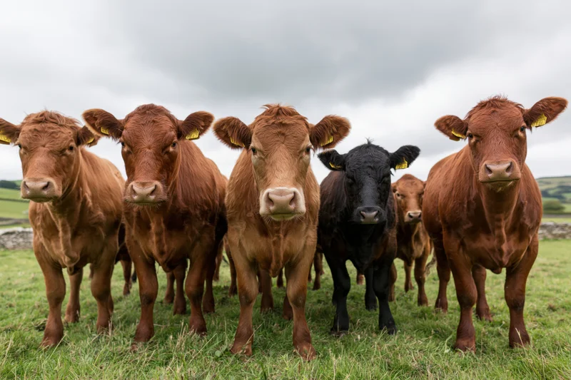 Herd of beef cattle standing close in a grassy pasture under an overcast sky