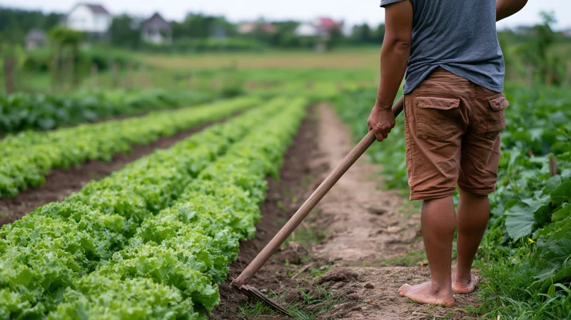 Barefoot farmer tilling soil between rows of lettuce in a garden field
