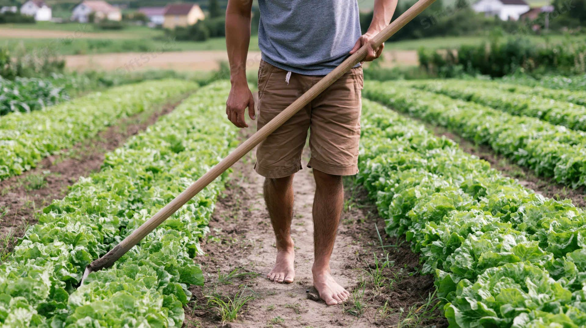 Barefoot farmer holding hoe between rows of lettuce in a garden field