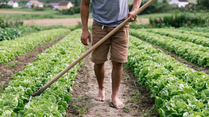Barefoot farmer holding hoe between rows of lettuce in a garden field