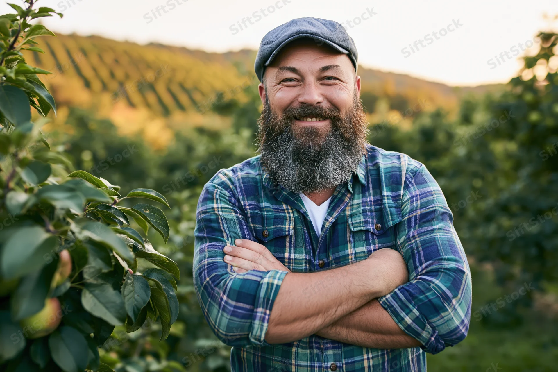 Bearded man smiling with arms crossed in an apple orchard at sunset