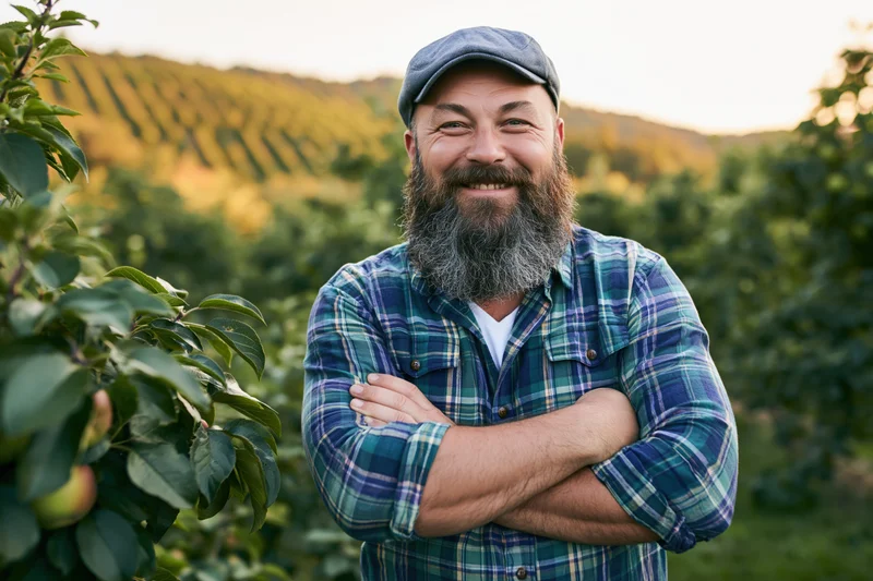 Bearded man smiling with arms crossed in an apple orchard at sunset