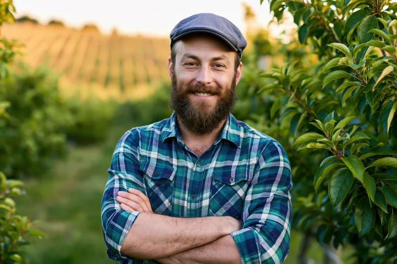Bearded man in flannel shirt and cap smiling with arms crossed in apple orchard at sunset