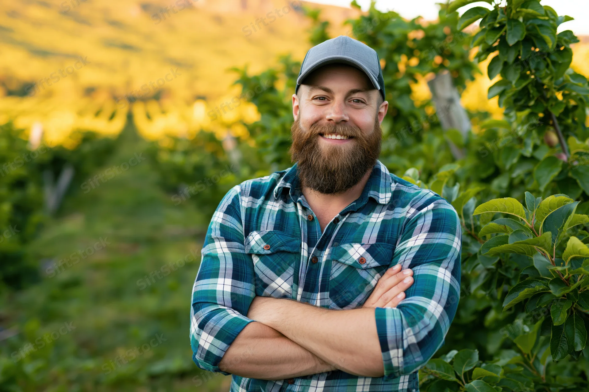 Bearded man smiling with arms crossed in an apple orchard