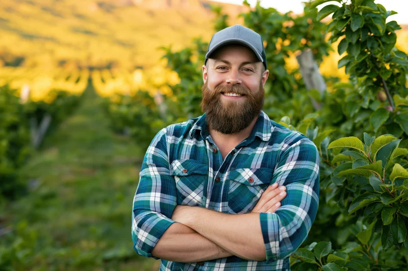Bearded man smiling with arms crossed in an apple orchard