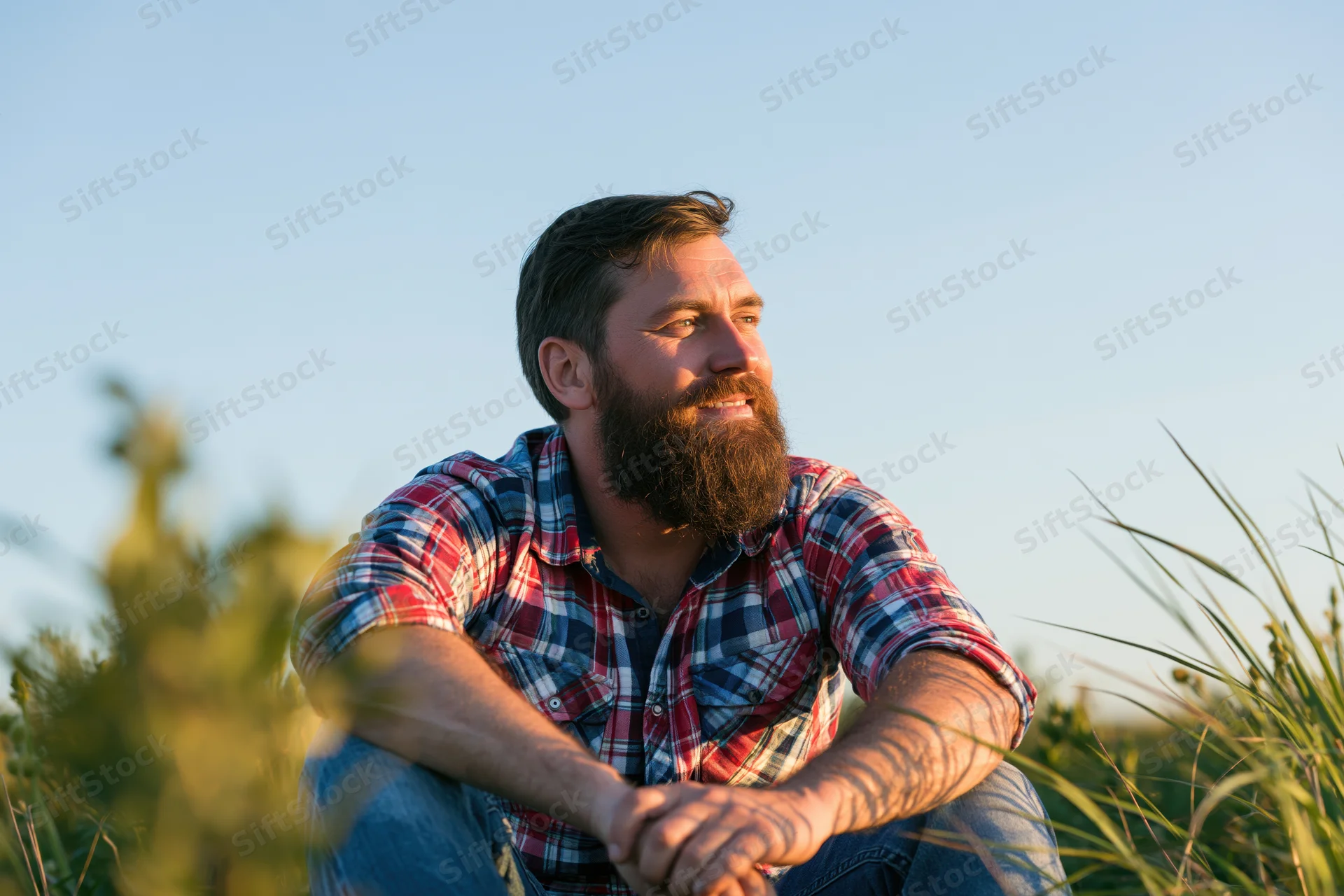 Bearded man in plaid shirt sitting in a grassy field at sunset, smiling and looking off into the distance