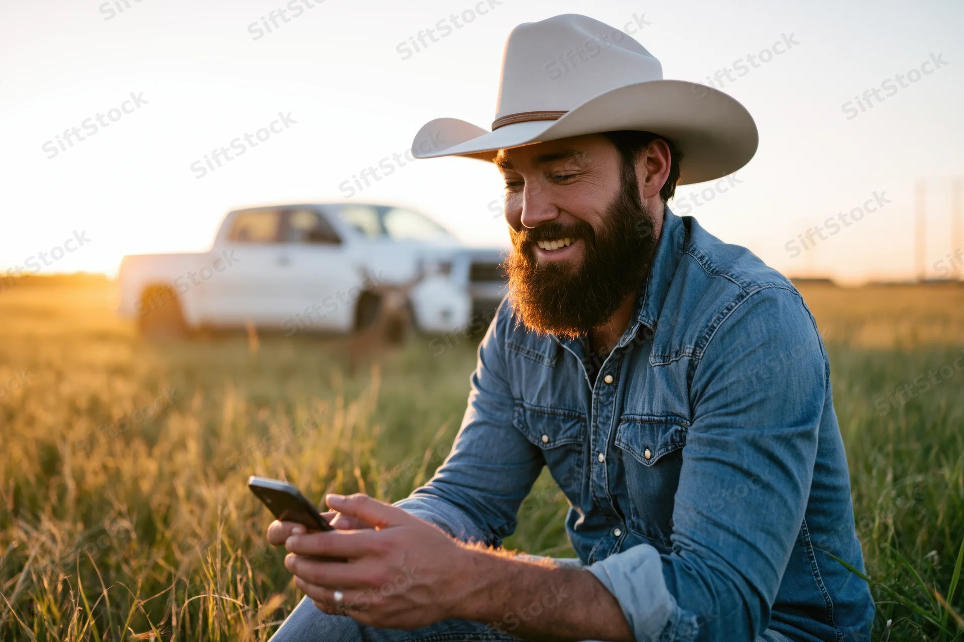 Bearded man in cowboy hat smiling while using smartphone in grassy field at sunset with white pickup truck in background