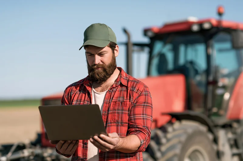 Bearded man in plaid shirt and cap using tablet outdoors near red tractor in field