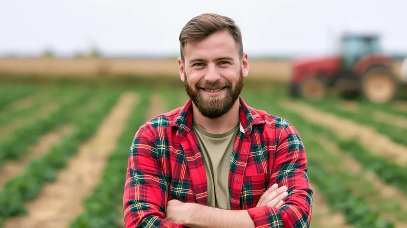 Bearded man in red plaid shirt smiling with arms crossed in a crop field with tractor in background