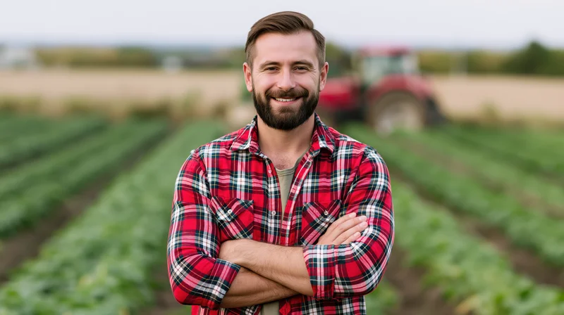 Smiling farmer with arms crossed standing in a vegetable field with tractor in background