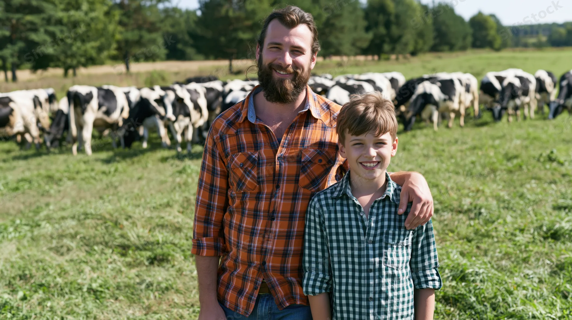 Father and son smiling together in a pasture with dairy cows behind them
