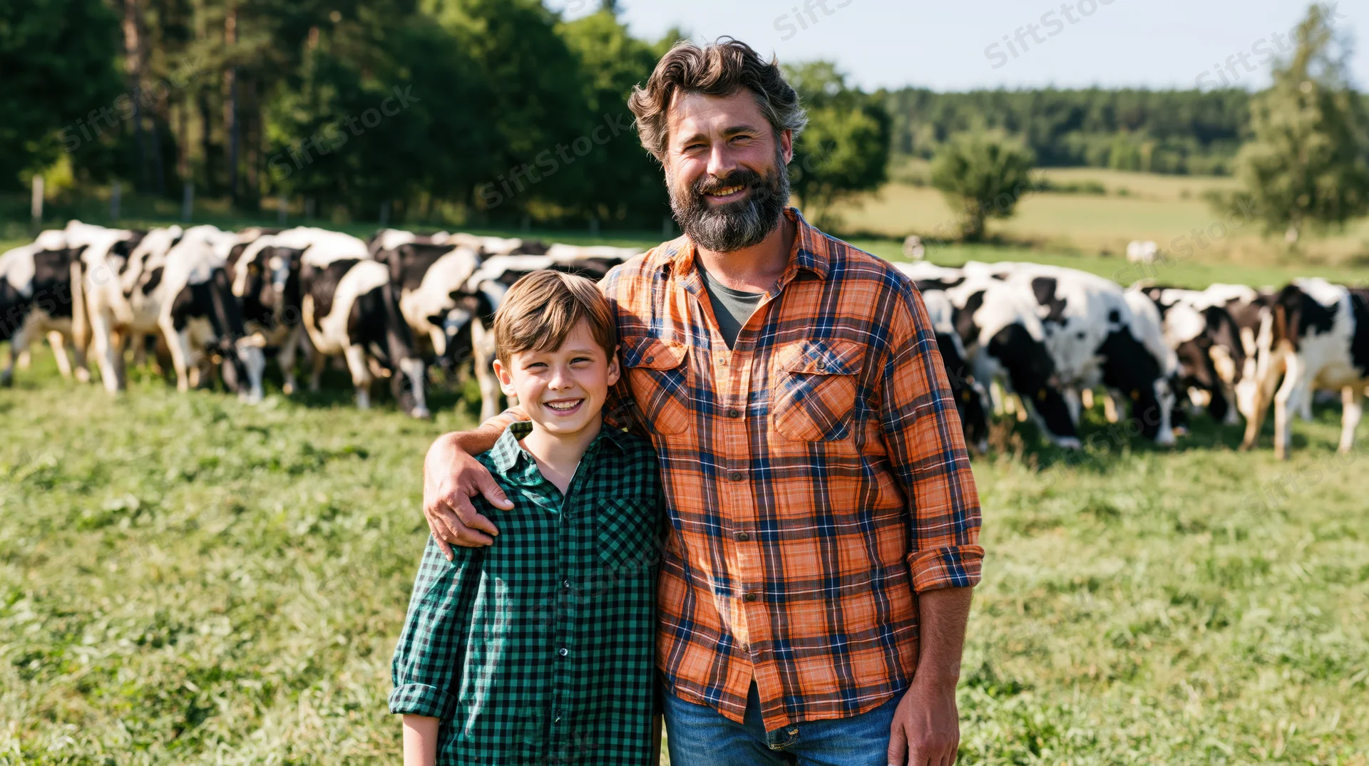 Father and son smiling together in a pasture with dairy cows behind them