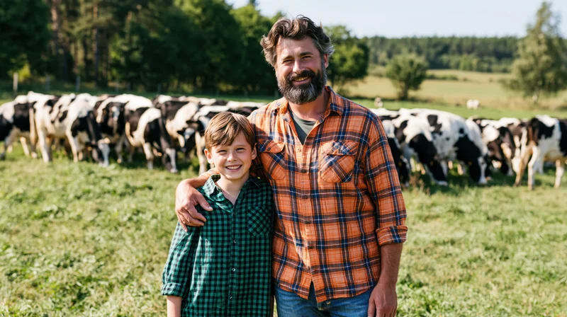 Father and son smiling together in a pasture with dairy cows behind them