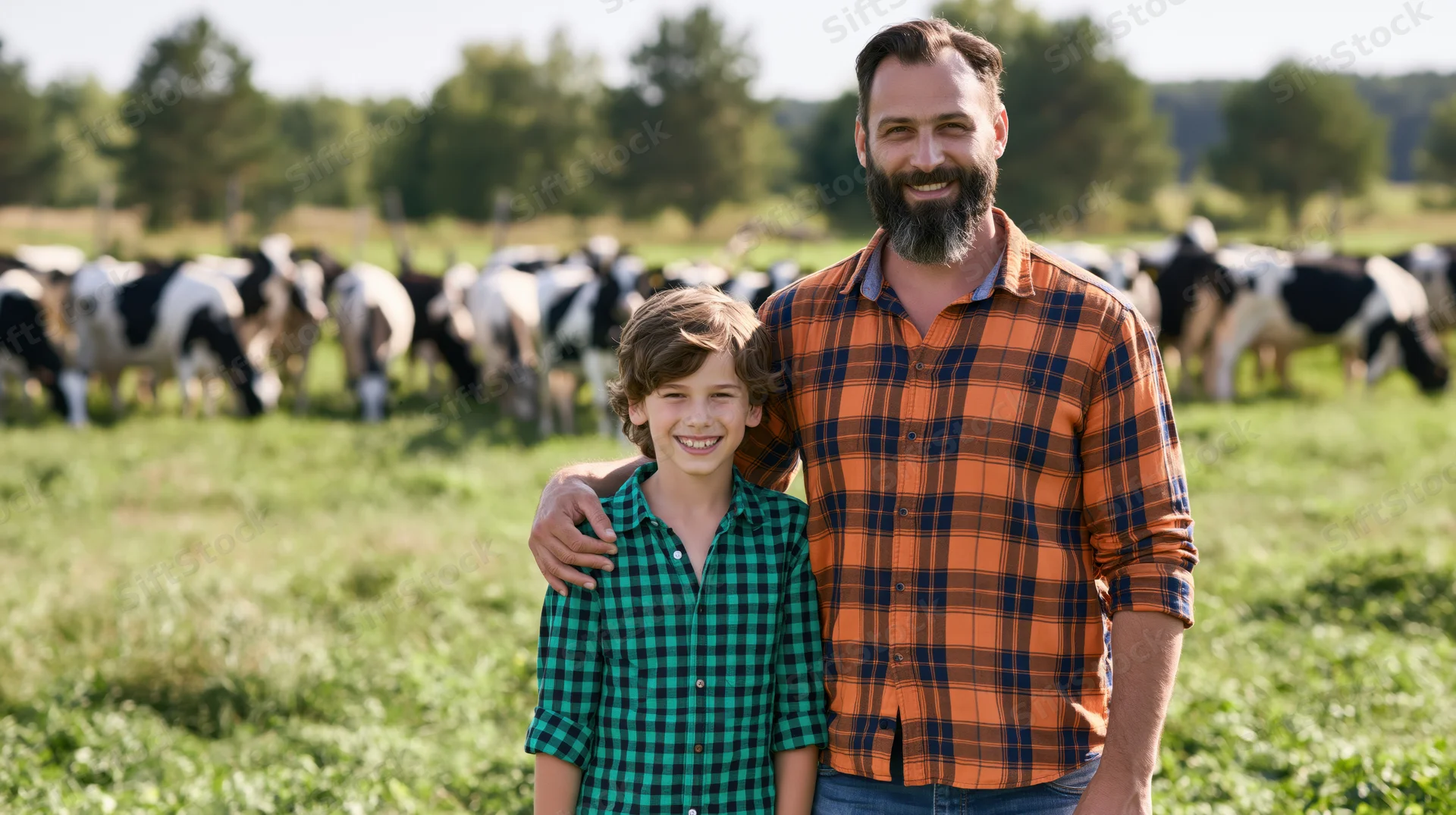 Father and son smiling together in a pasture with dairy cows behind them