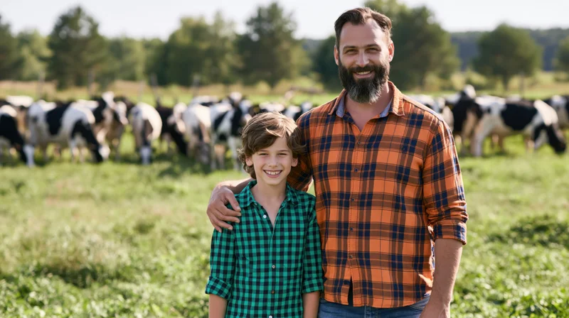Father and son smiling together in a pasture with dairy cows behind them