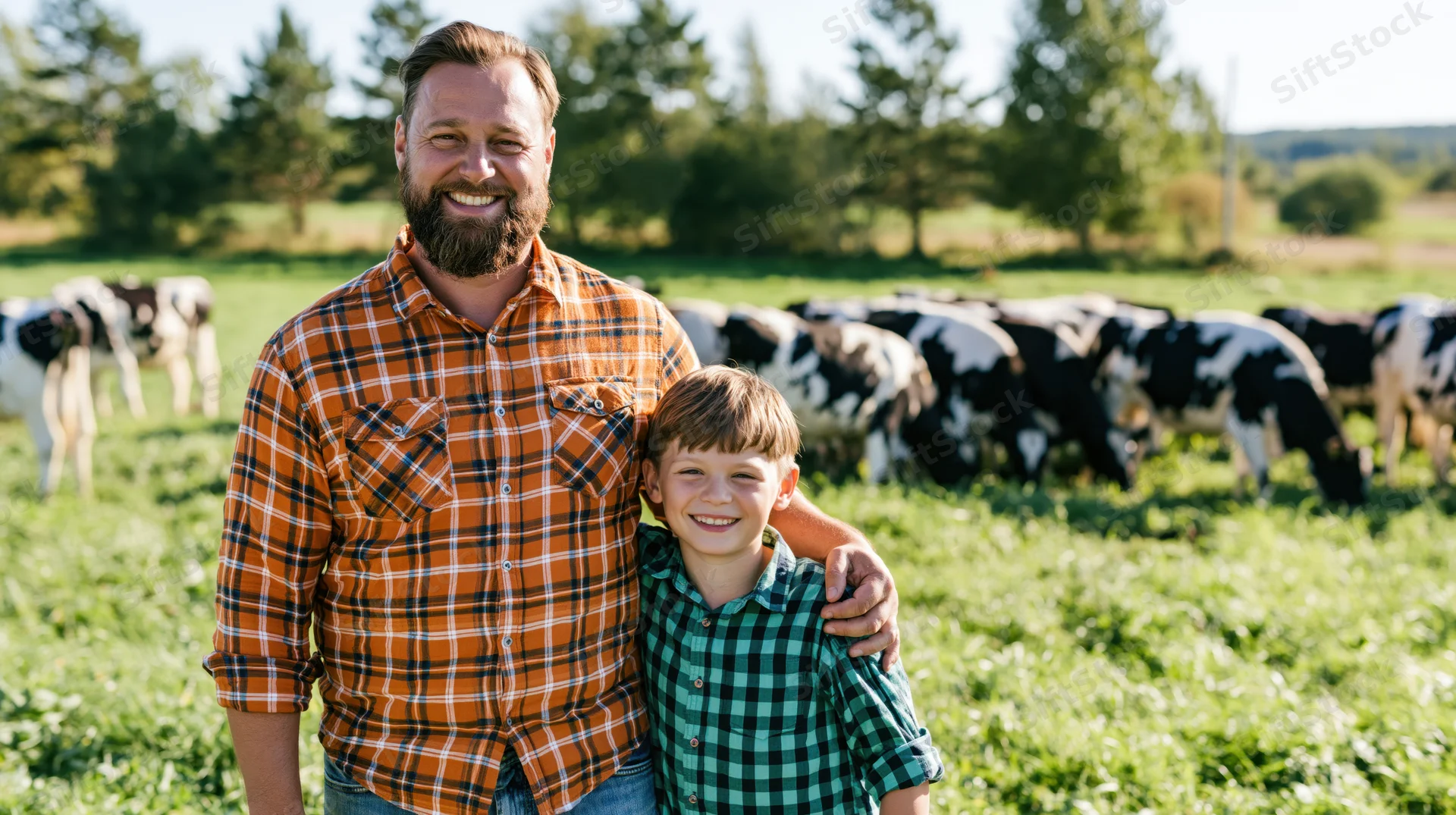Father and son smiling together in a grassy pasture with dairy cows grazing behind them