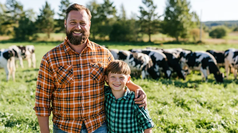 Father and Son on a Sunlit Farm Among Cattle in a Field