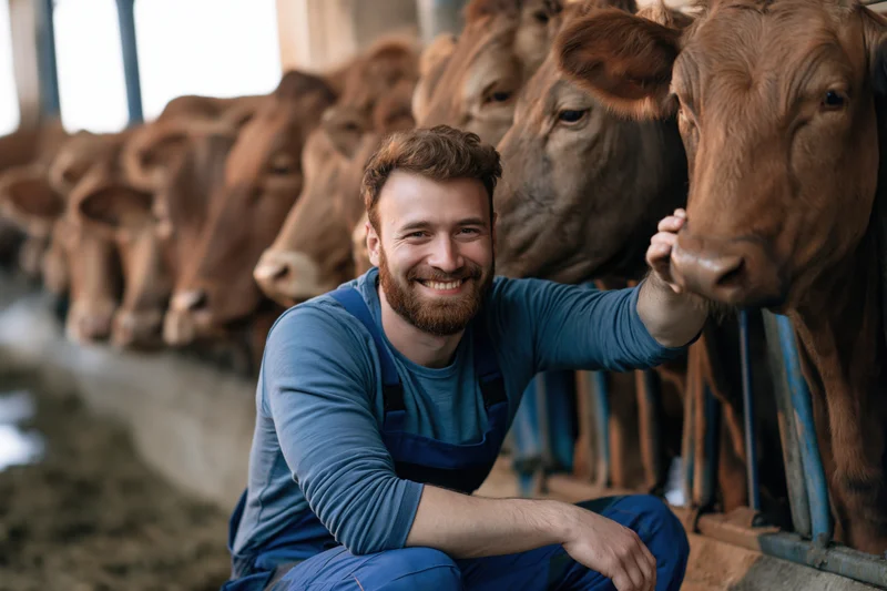 Bearded man in blue overalls crouching and smiling while petting a cow in a barn with a herd behind him