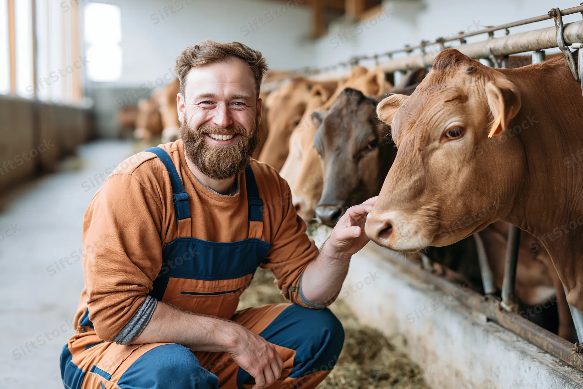 Farmer crouching and feeding cattle in a barn