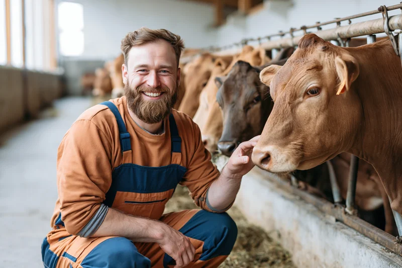 Farmer crouching and feeding cattle in a barn