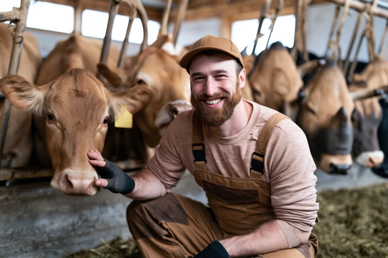 Bearded farmer in overalls crouching and petting a cow in a barn with other cattle around him