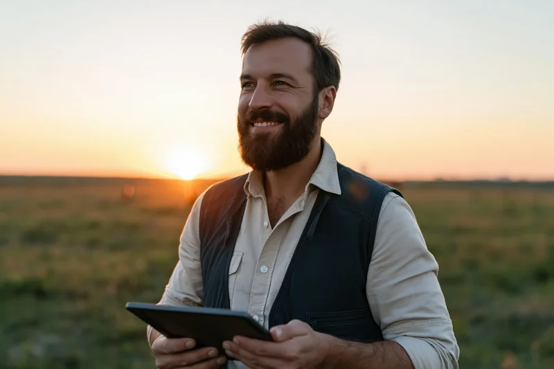Bearded man smiling while holding tablet in a field at sunset